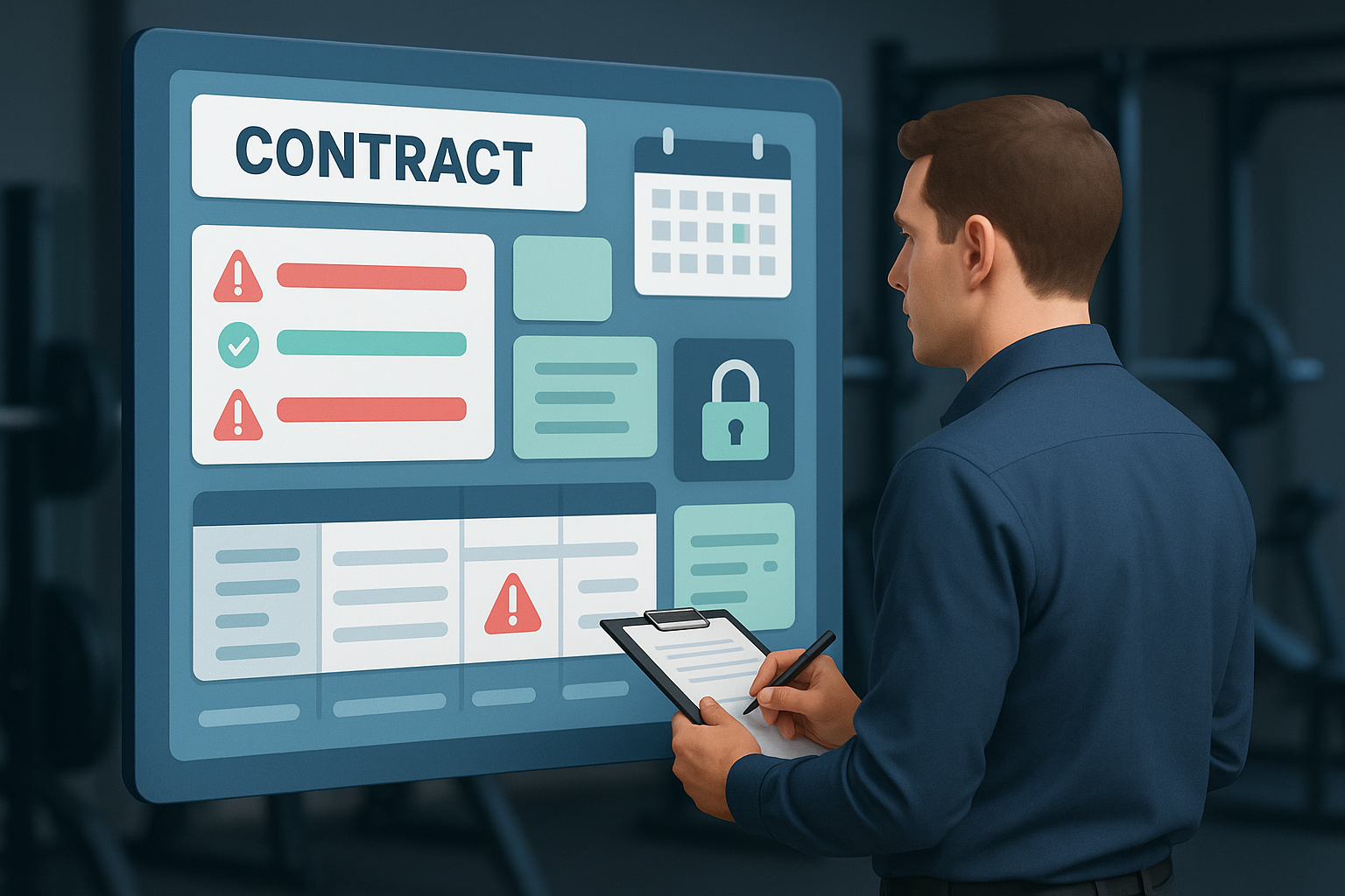 Gestor de academia analisando contratos digitais em uma tela com prazos e alertas visuais, representando a gestão de contratos na academia.